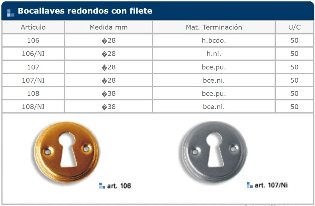 Ficha de catálogo de Herrajes general